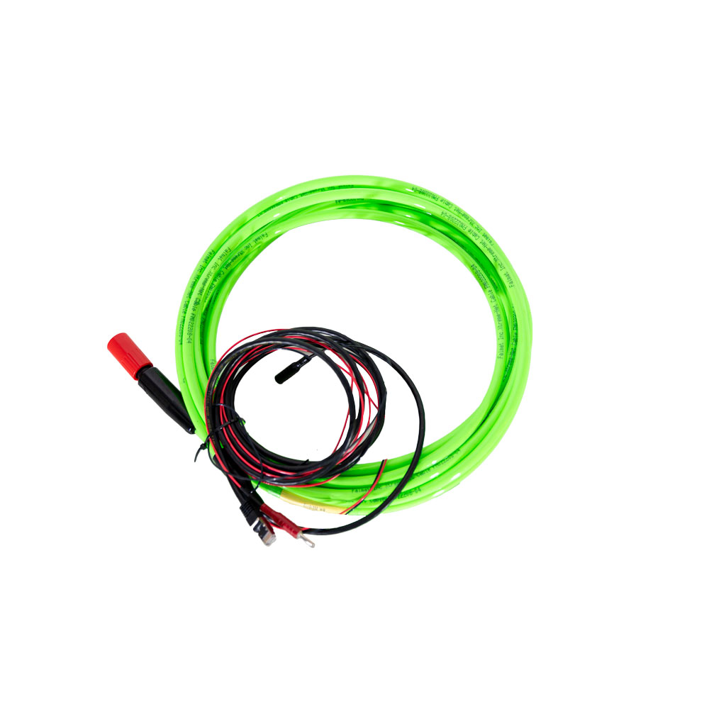 Coiled green underwater cable for Subnero acoustic smart modems with a red wet-mate connector and Ethernet breakout