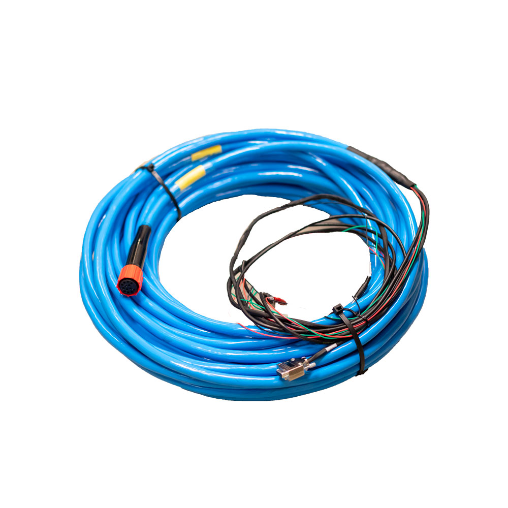 Coiled blue underwater cable for Subnero acoustic smart modems with a multi-pin wet-mate connector and sensor interface breakout wires