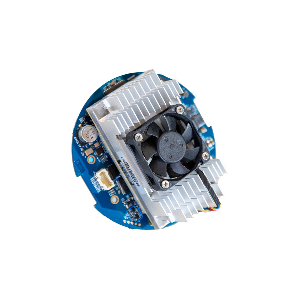nVidia Jetson TX2 co-processor module for Subnero underwater modems, shown from above with its cooling fan and heatsink
