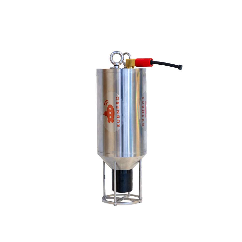Subnero underwater acoustic smart modem in a polished stainless steel hull, shown upright on its mounting cage with lifting eyebolts and underwater connector