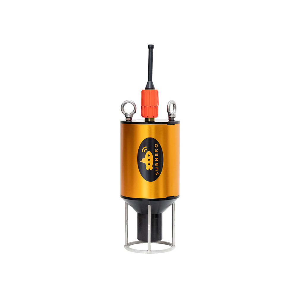 Subnero underwater acoustic smart modem in a gold anodized aluminum hull, shown upright on its mounting cage with lifting eyebolts and underwater connector