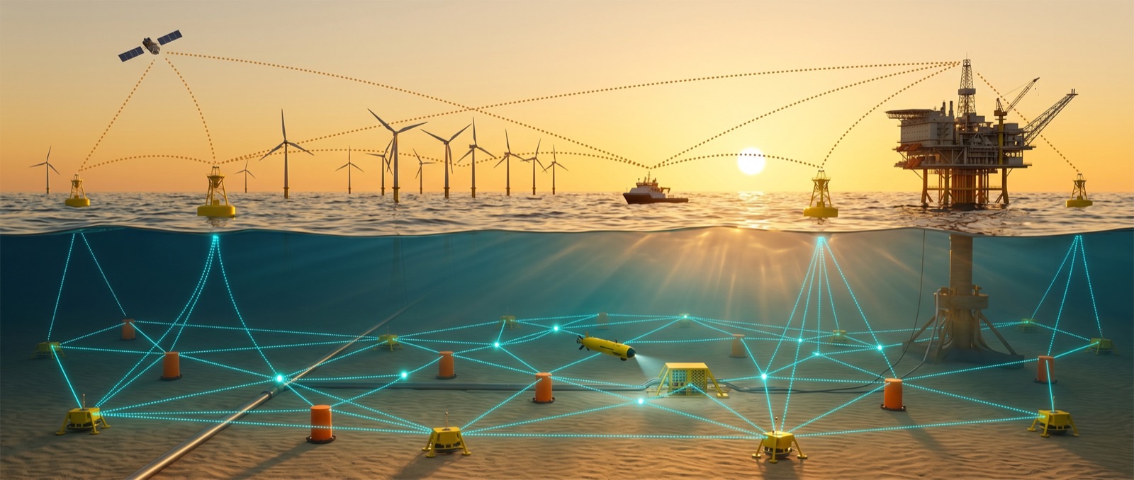 Offshore energy field with wind turbines and platforms above the surface and a network of seabed landers, sensors, and structures connected below
