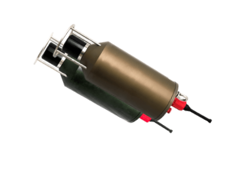 Subnero M25M Series Platinum Edition medium-frequency (MF) acoustic smart modem shown at an angle with its protective transducer cage and underwater connectors