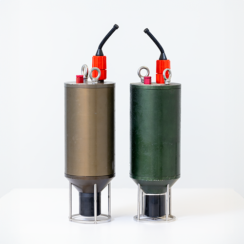 Two Subnero M25M Series Platinum Edition MF acoustic smart modems in bronze and dark green rugged housings, showing available hull finish options