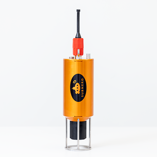 Subnero M25M Series Silver Edition medium-frequency (MF) acoustic smart modem mounted upright on its base, showing the underwater connector and antenna