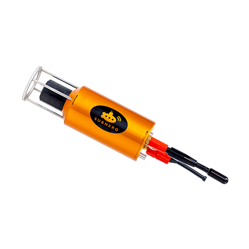 Subnero M25M Series modem shown at an angle with its protective transducer cage and dual receiver connectors for multi-hydrophone configurations