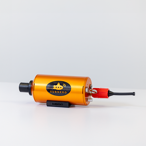 Subnero S40H Series Silver Edition high-frequency (HF) acoustic smart modem in side profile, showing its compact underwater housing and connector