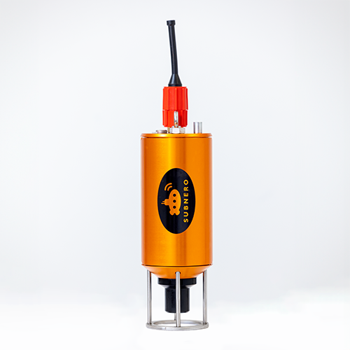 Subnero S40H Series Silver Edition HF acoustic smart modem mounted upright on its base, showing the underwater connector and cable