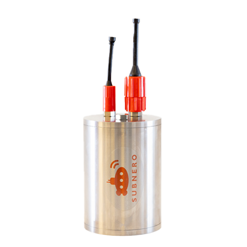 Subnero acoustic smart modem in a stainless steel hull with dual underwater connectors, available among multiple hull material and depth-rating options