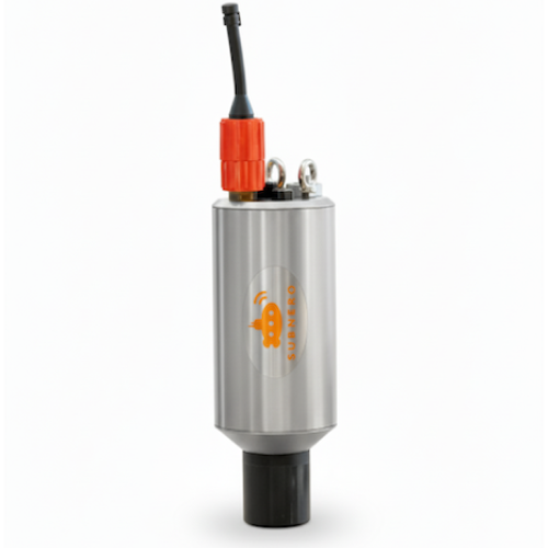 Subnero acoustic smart modem in a stainless steel hull, shown upright with its underwater connector — one of several available hull material options