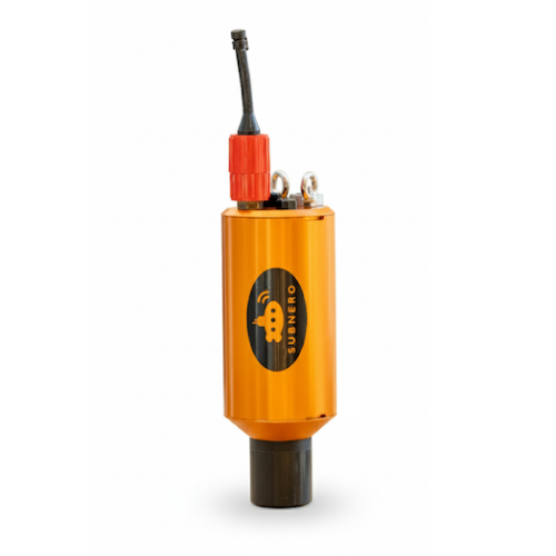 Subnero acoustic smart modem in an anodized aluminum hull, shown upright with its underwater connector — an alternative to the stainless steel and titanium options