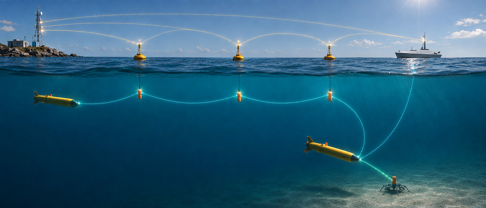 A marine robotics network with an AUV at depth on an acoustic link, an ROV on an optical link at close range, a USV gateway bridging to WiFi and satellite above the surface, and repeaters extending reach, all managed as one network