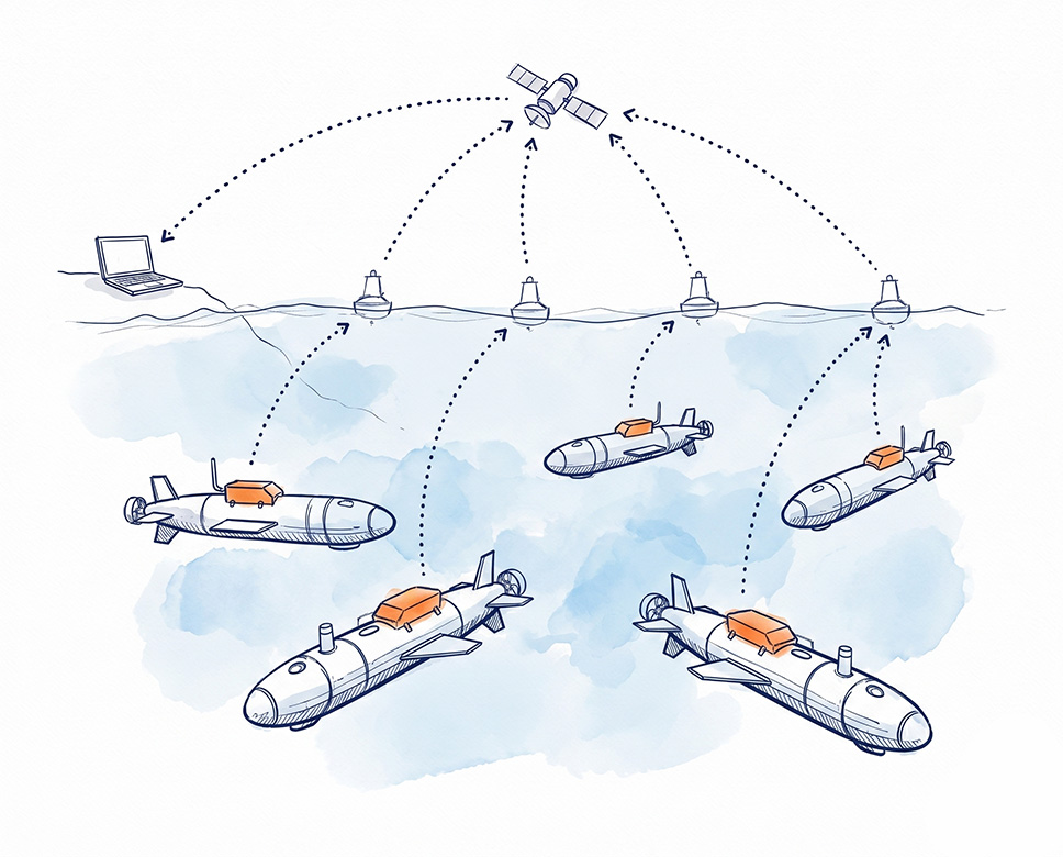 Underwater network for mine countermeasures with AUV handover between coverage cells