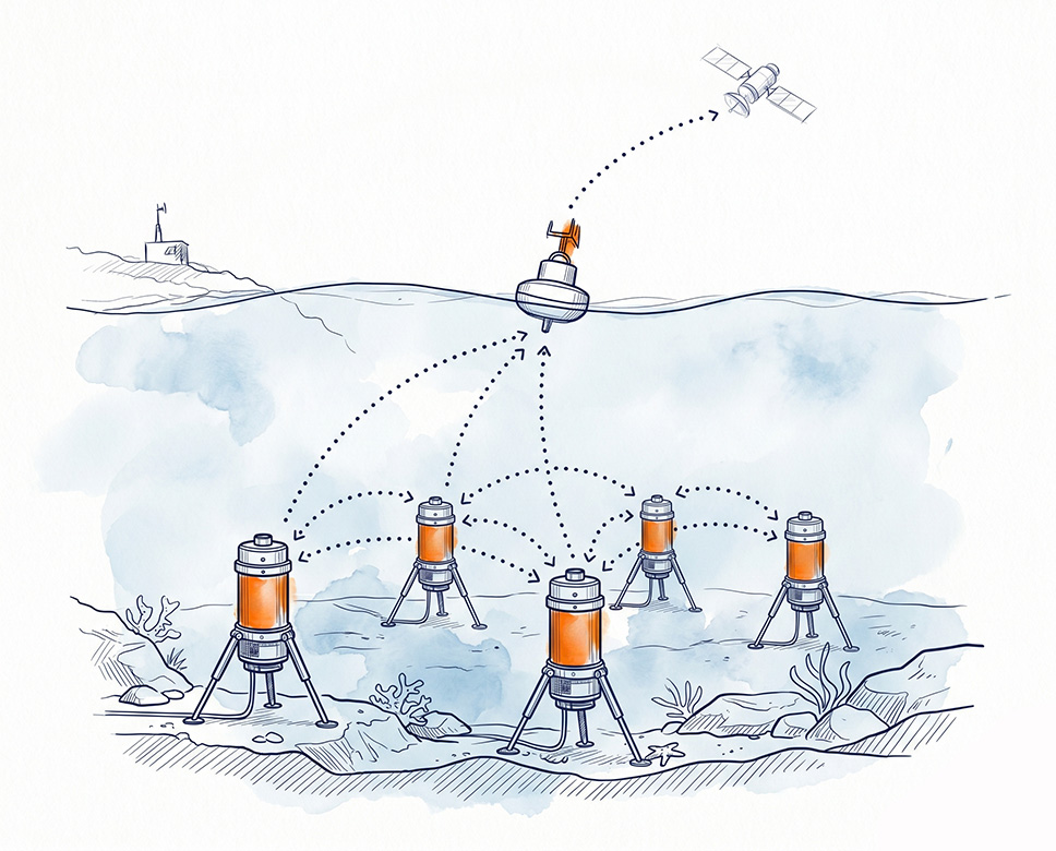 Persistent subsea IoT with many sensor nodes on one always on underwater communication network