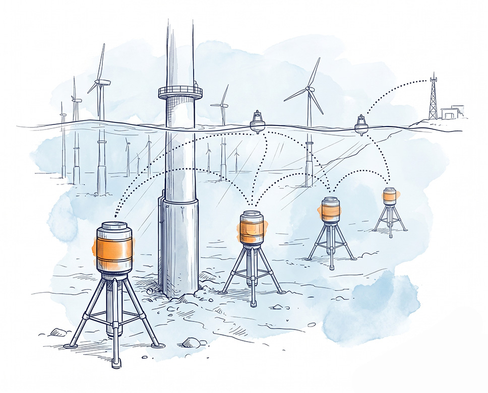 Passive acoustic monitoring network relaying seabed sensor contacts hop-by-hop to a gateway buoy