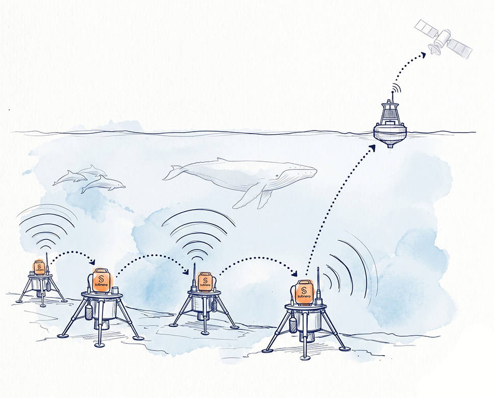 Data muling over an underwater network with a mobile node collecting from many seabed sensors