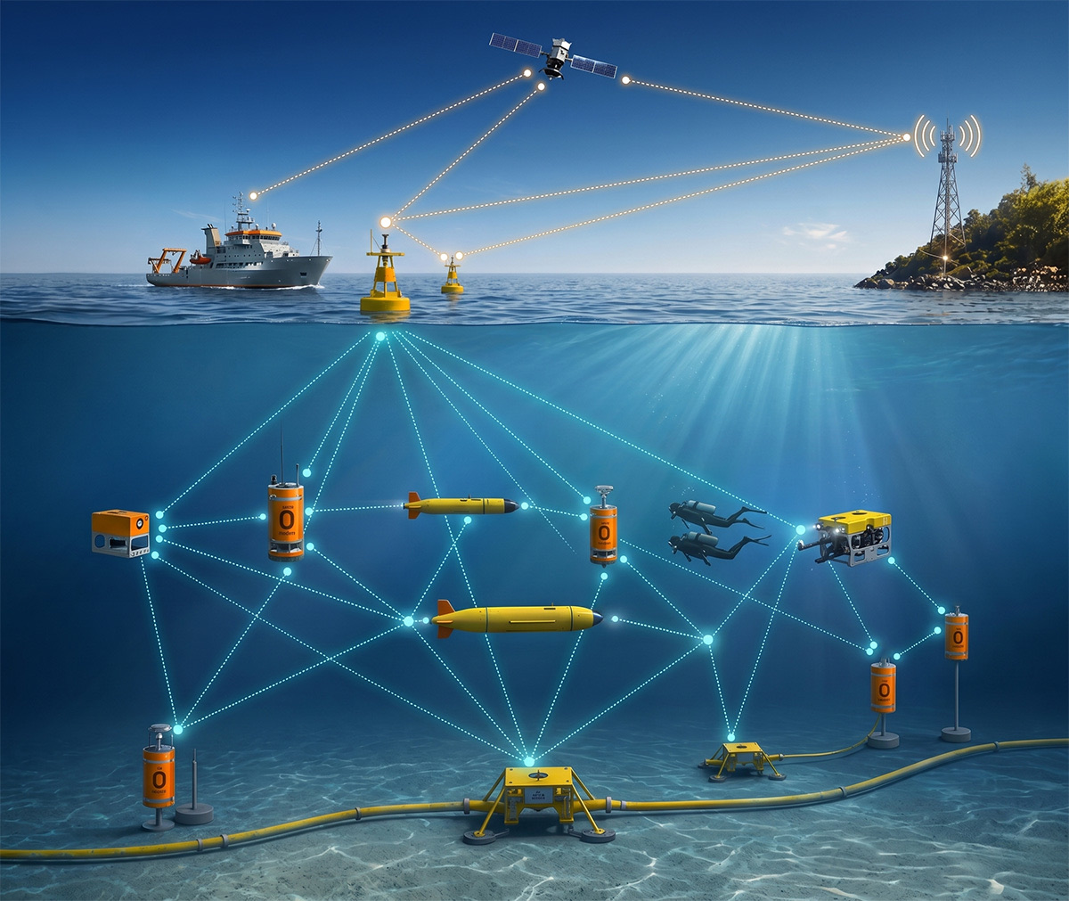 Underwater networking solution connecting AUVs, ROVs, sensors, landers, and divers into one subsea communication network